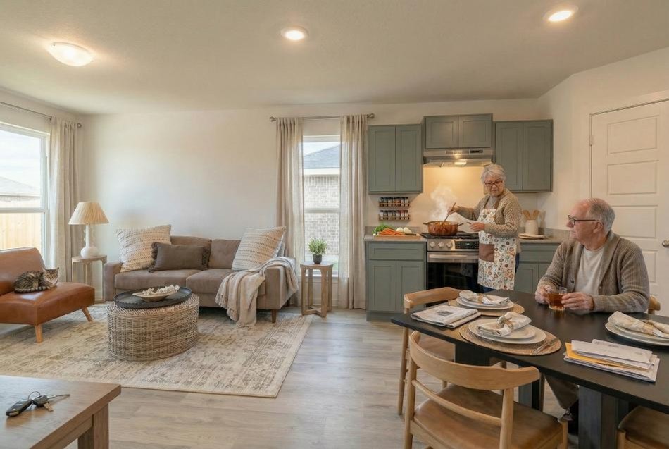 Meal Comp Photo of a retired couple enjoying a meal together in their downsized home by Betenbough Homes.