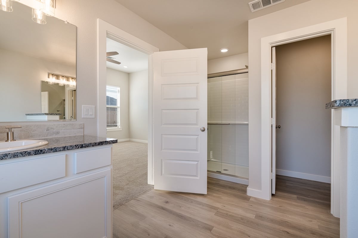 Photo of a vanity and walk-in shower in the master bathroom of the Layla