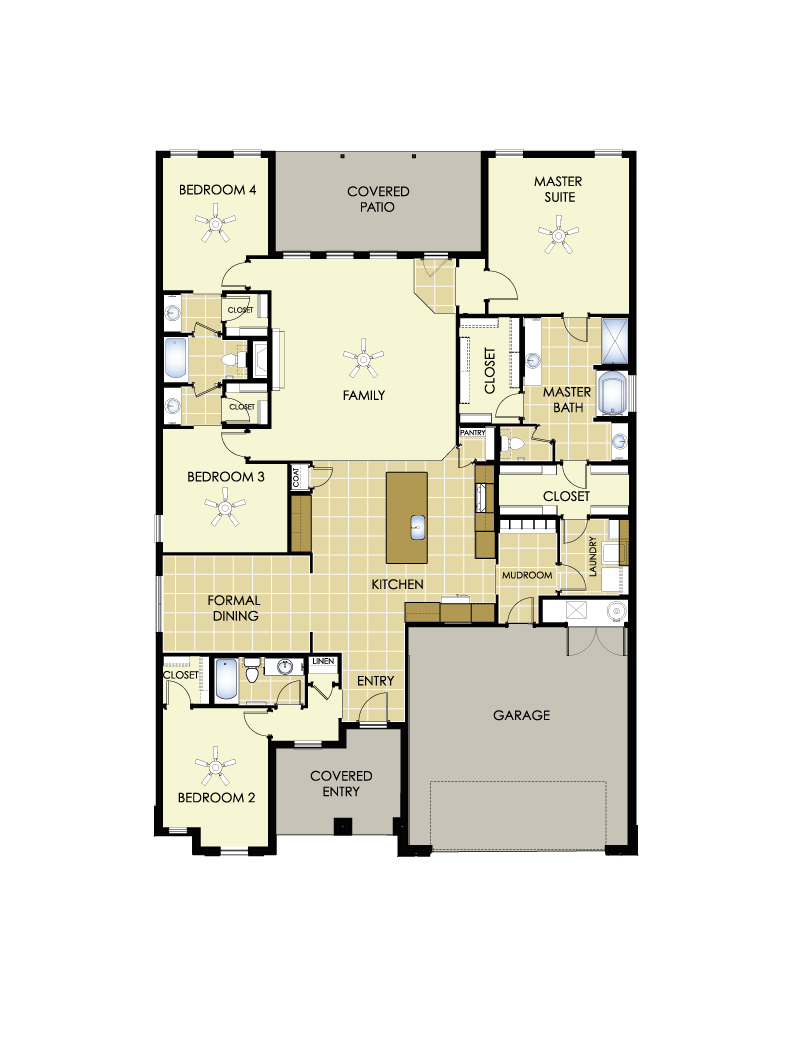 Graphic of the floor plan for The Kelly with a front-entry garage.