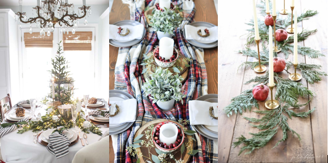 3 Photos side-by-side: a round dining table with a mini Christmas tree centerpiece, a long dining table with a plaid runner down the center, and a long dining table with garland and tall candles running the length of the table.