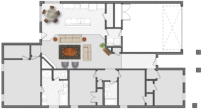 Rendering of a 1900 sq ft floor plan with a round dining table in the dining area and two couches plus two chairs arranged in the living room.