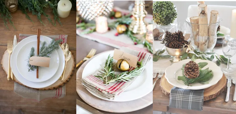 3 photos side-by-side: a holiday place setting with cinnamon stick & evergreen bough; one with a jingle bell holding a place card; & a holiday place setting with a pinecone.