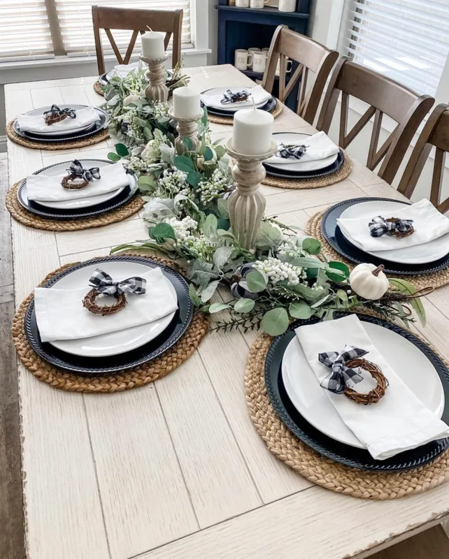 Photo of a dining table set in a home for Thanksgiving.