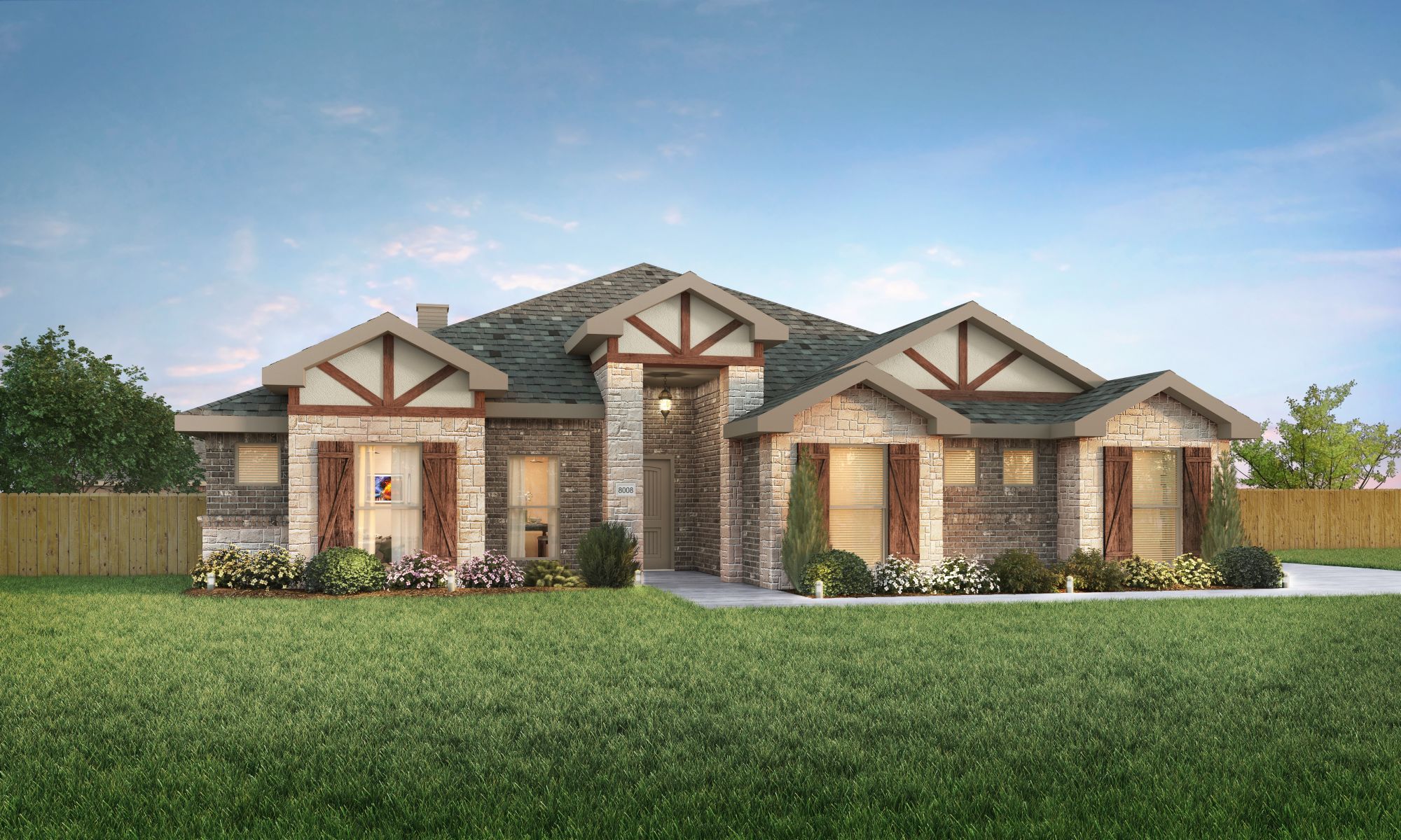 Rendering of The Kelly elevation with a side entry garage.