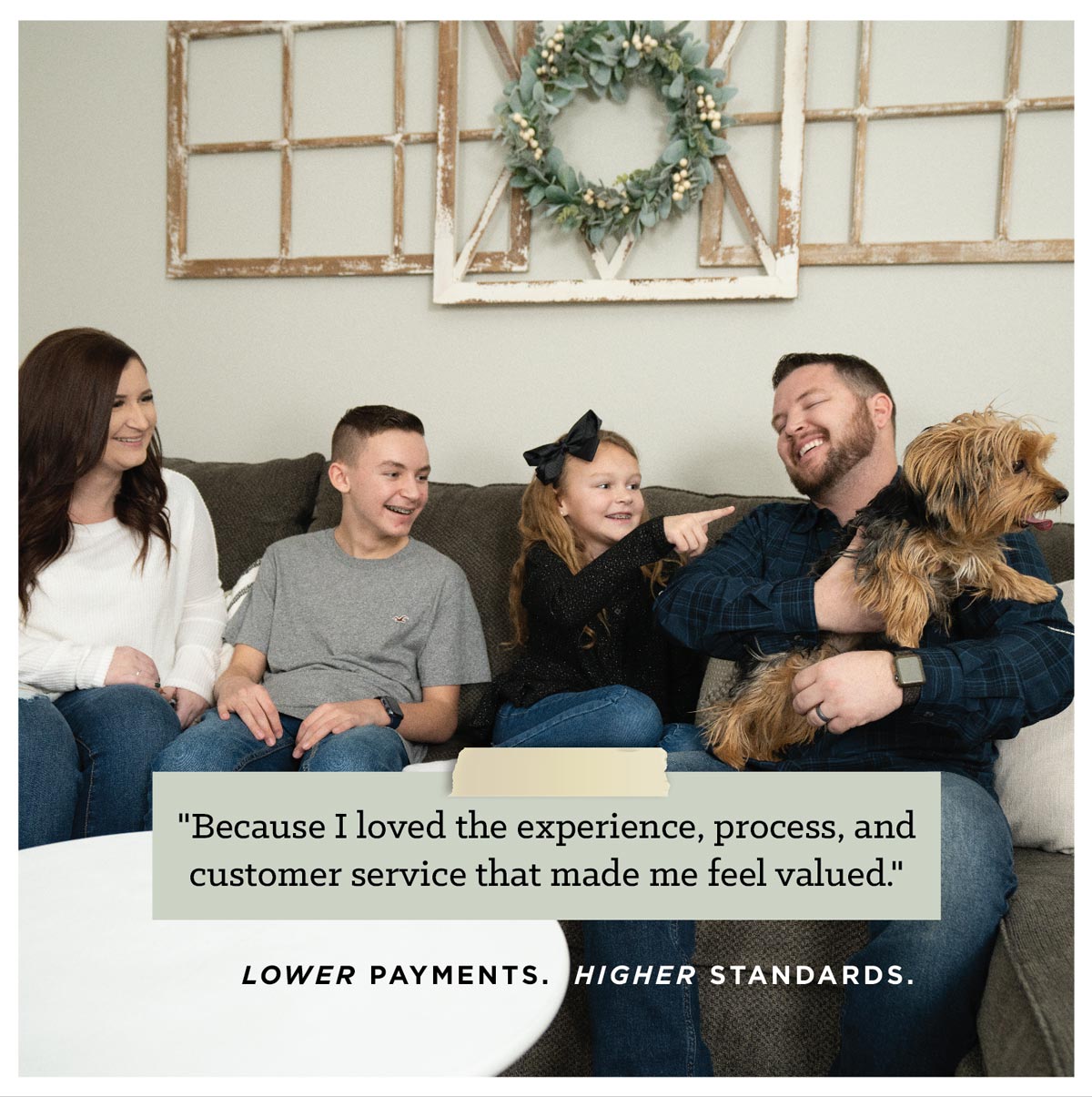 Photo of a family (mom, son, daughter, dad, and dog) on a couch in their Betenbough home. Text