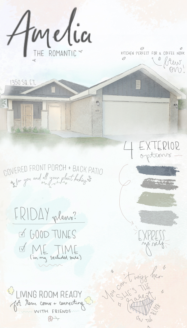 Graphic depicting the Betenbough Homes Amelia 1,350 sq ft floor plan as an Enneagram