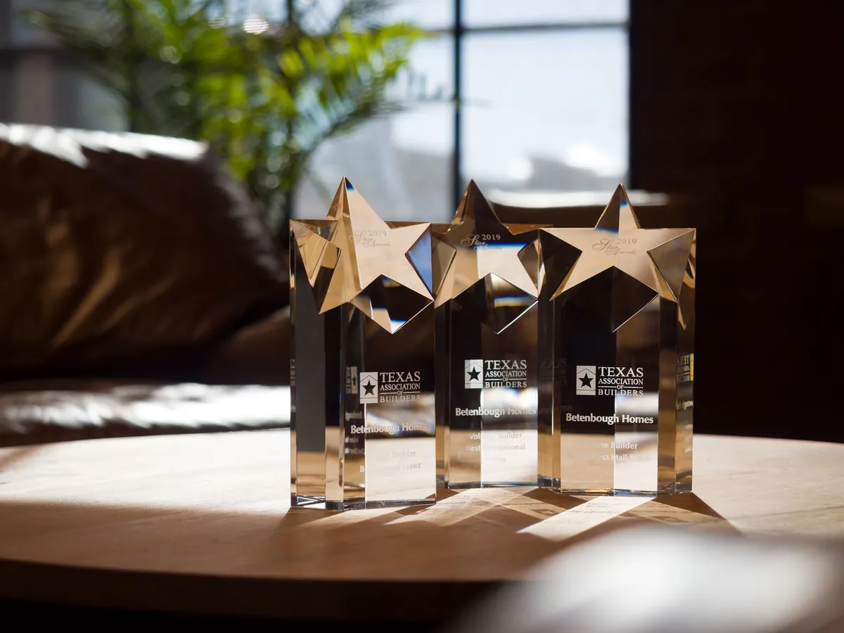 Photo of Betenbough Homes' trophies earned for being a new home builder committed to our homeowners and communities.