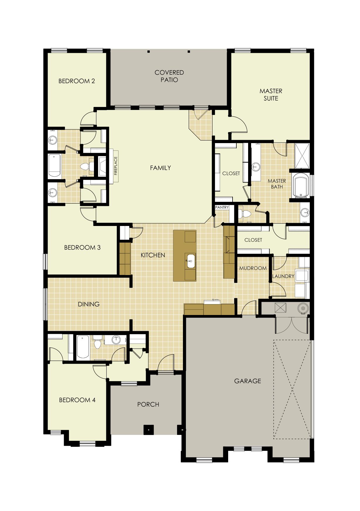 Graphic of the floor plan for The Kelly with a side-entry garage.