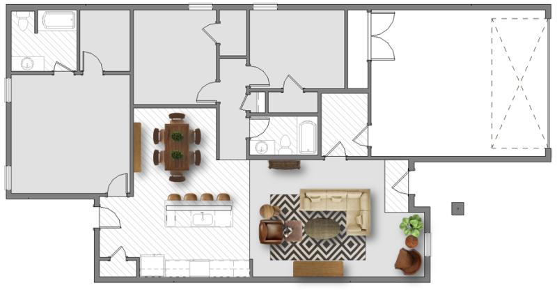 Rendering of the Betenbough Homes Dorris floor plan with the living room and dining room furnished.