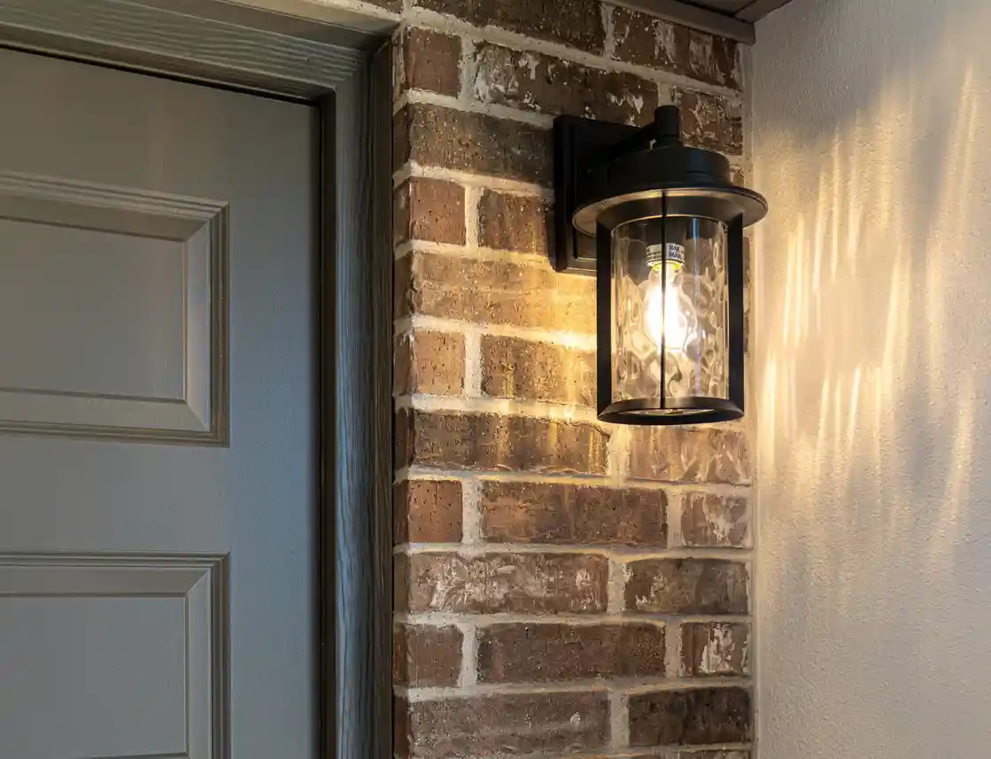 Photo of an elegant porch light -- just one of our home design options -- on the front porch of a Betenbough home.