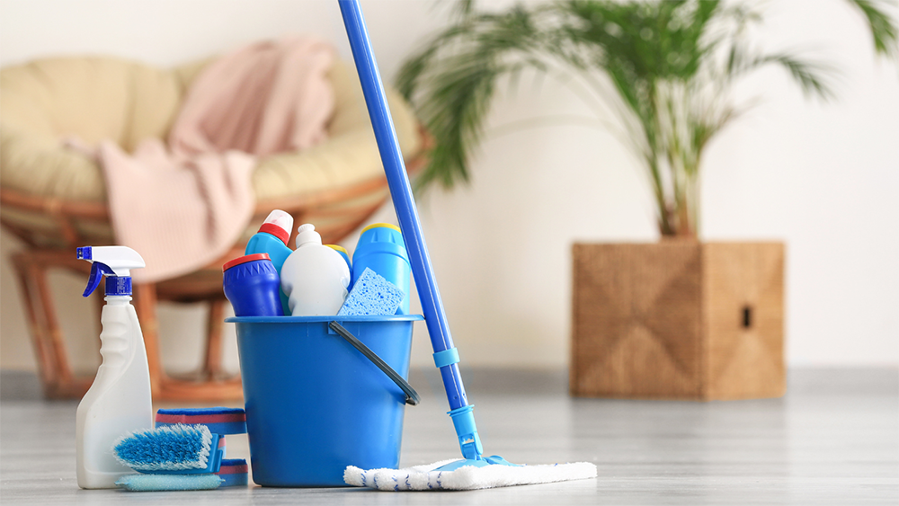 Photo of a bucket of cleaning supplies, a mop, a spray bottle, a sponge, and a scrub brush on the floor in a living room.