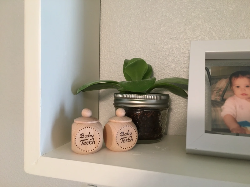 Photo of jars for baby teeth on shelves in a twin nursery.