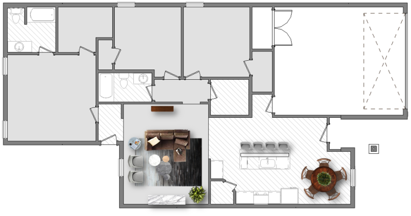 Rendering of a Betenbough Homes floor plan with the kitchen at the front of the home.