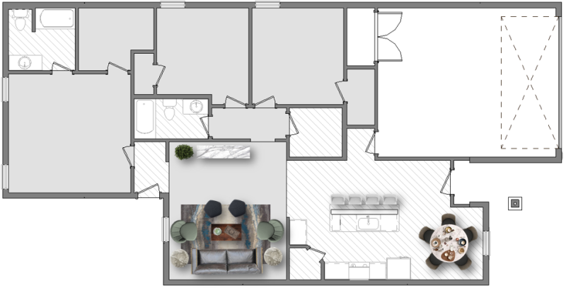 Rendering of a furniture layout with a round kitchen table in the dining room and a couch, two chairs, and two ottomans in the living room.