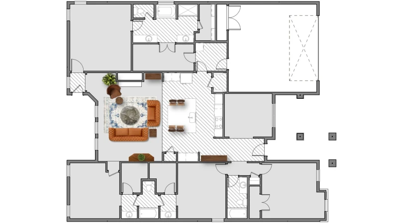 Rendering of a 2,600 sq ft floor plan with two couches.