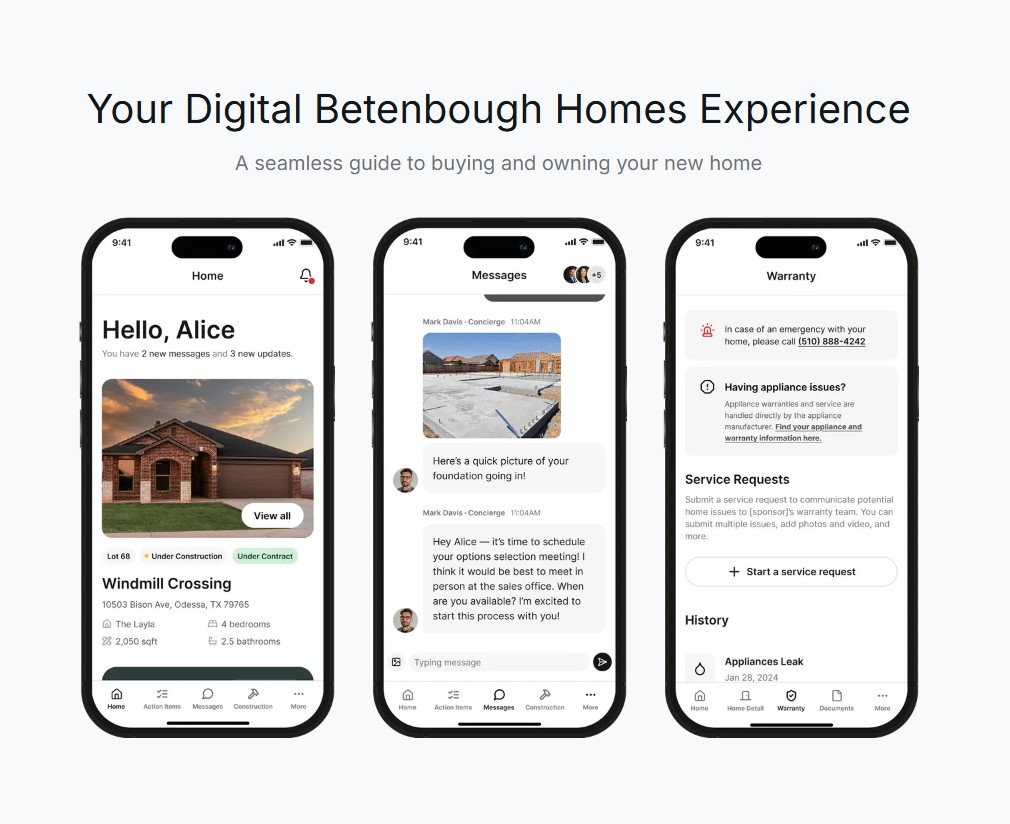 Graphic that shows three screens of the new Betenbough Home Buyer app.