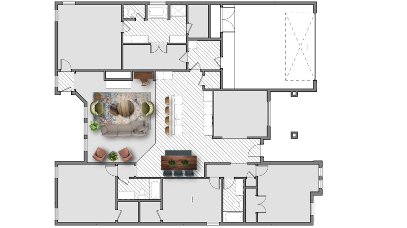 Rendering of a 2,500 sq ft floor plan with a sofa and 2 chairs.