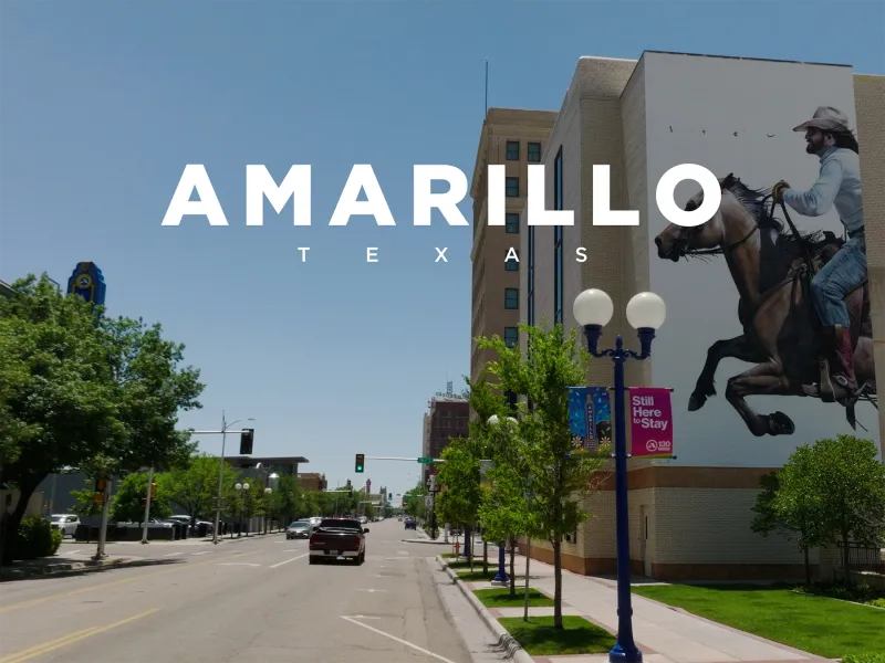 Photo of downtown Amarillo with the text "Amarillo, Texas" over the photo.